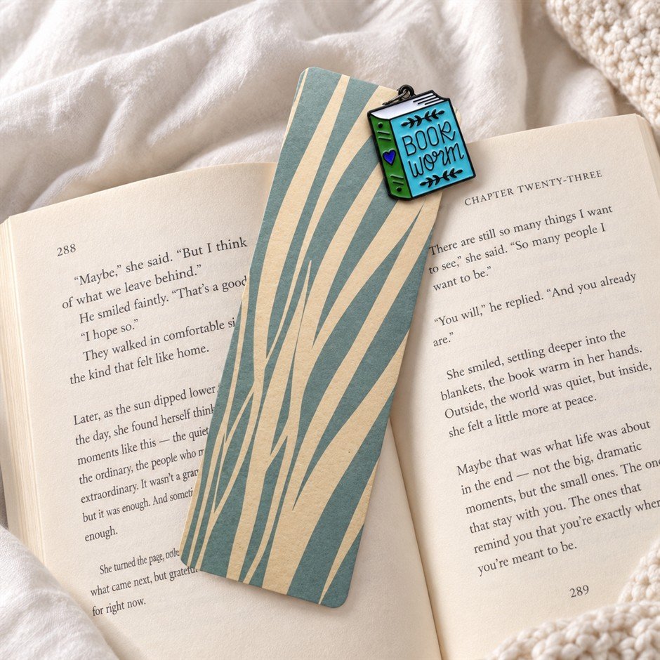 Soft Green Wild Grass Bookmark with Bookworm Charm