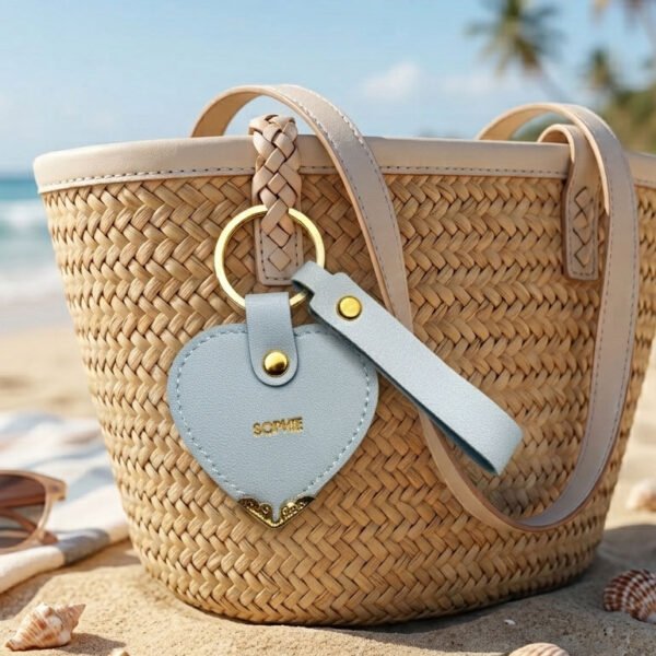 Personalized light blue faux leather heart keychain with gold hot stamped name, matching wrist strap and decorative gold corner protector.