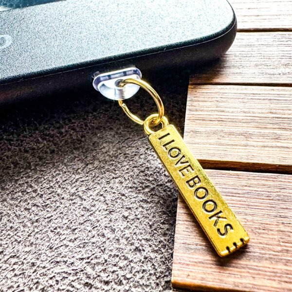 I Love Books Kindle Charm for book lovers and bookworms. Gold e-reader dust plug, Kobo charm and phone charm. A cute gift for Kindle readers.