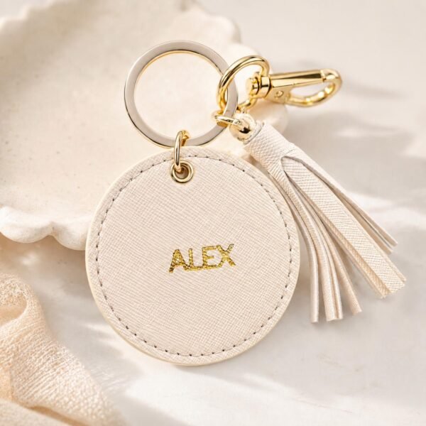 Personalized Round Keychain with Name – Vegan Leather Tassel Keyring