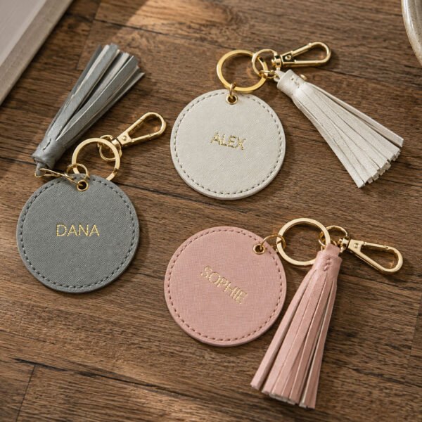 Personalized Round Keychain with Name – Vegan Leather Tassel Keyring